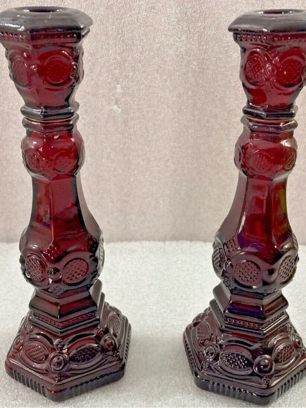Vintage Avon Cape Cod Ruby Red Glass Hexagonal Candlestick Holders